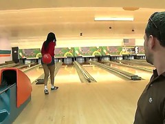 Bella loosing her booty at bowling to Jayla Foxx, this guy takes off her shorts, bents her over and licks out her rectal hole